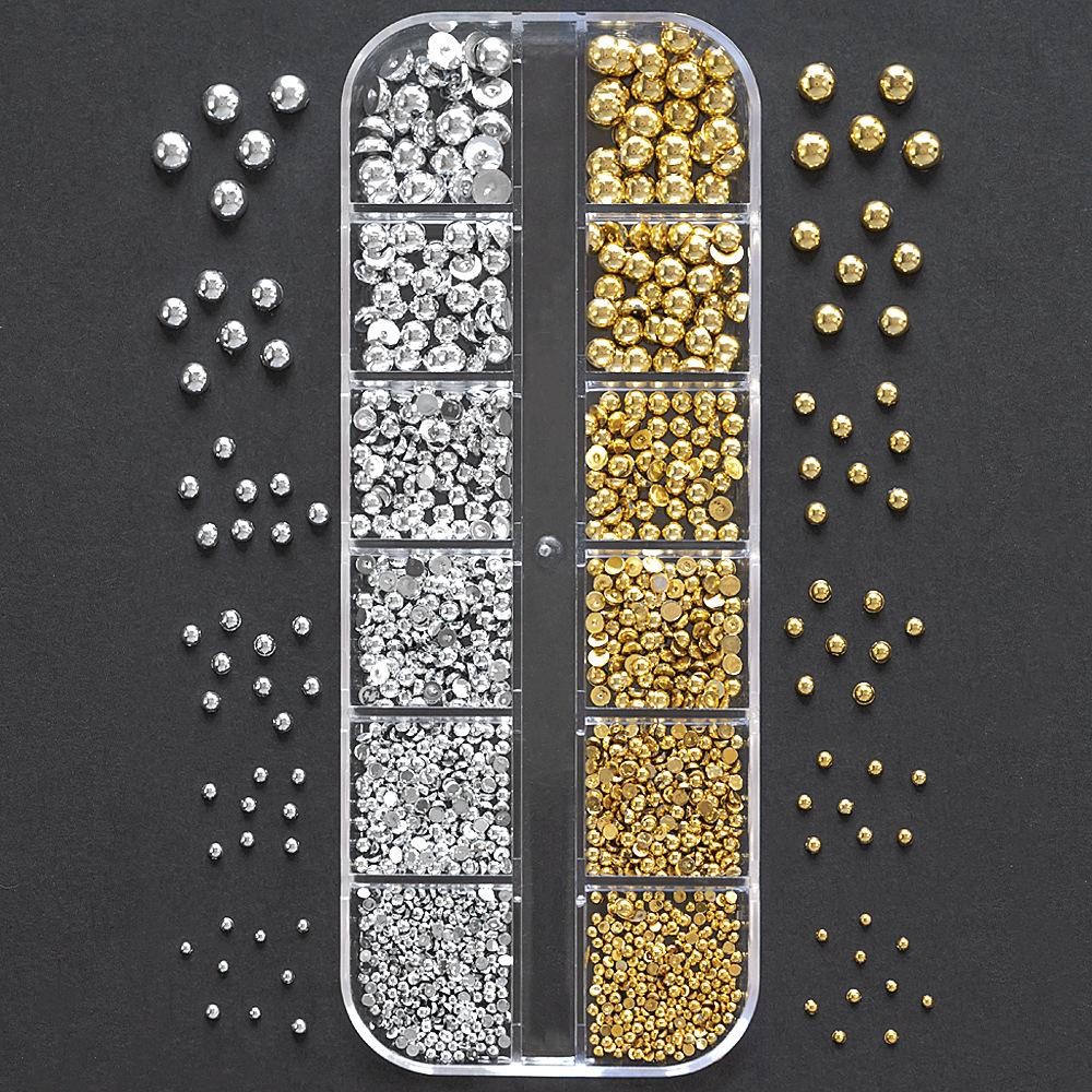 Gold Silver Star Moon Pearl Kit 12 Grid Half-Round Metal Charms for Acrylic Gel