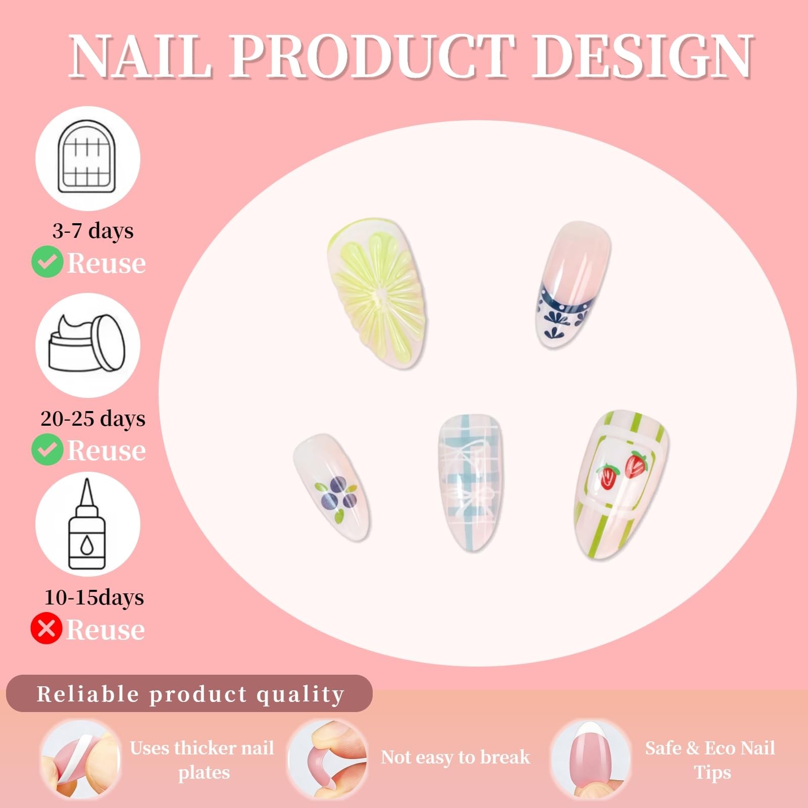 Summer Lemon Press on Nails Medium Almond Fake 2.5*2.5*0.3, Multicolor