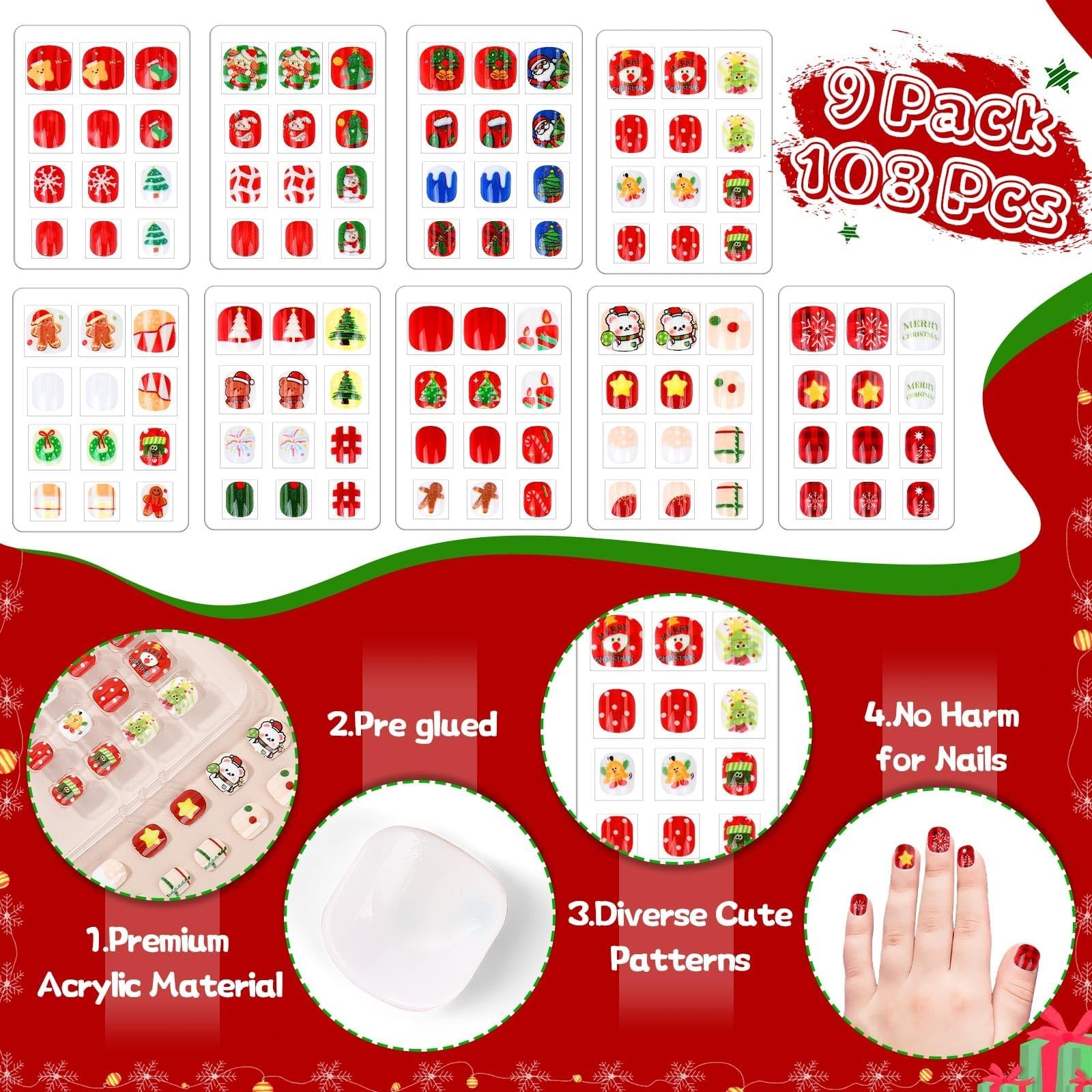 Fake Press on Nails for Kids, 108pcs Acrylic Full Cover False Press on Nails Gir