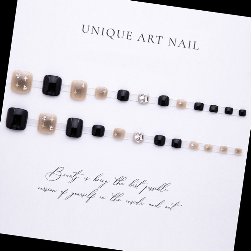 48 Pcs Black Silver Star Toe Press on Nails, Short Square Glitter Fake Nails