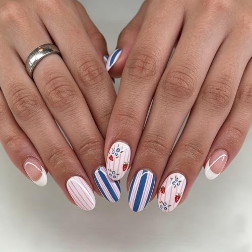 24Pcs Cute Press on Nails – Short Almond White French Tip – Colorful – 6