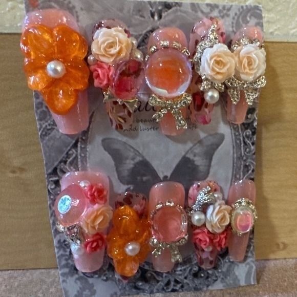 3D Floral Press On Nails Pink Orange Long Coffin Embellished Pearl Bow Manicure