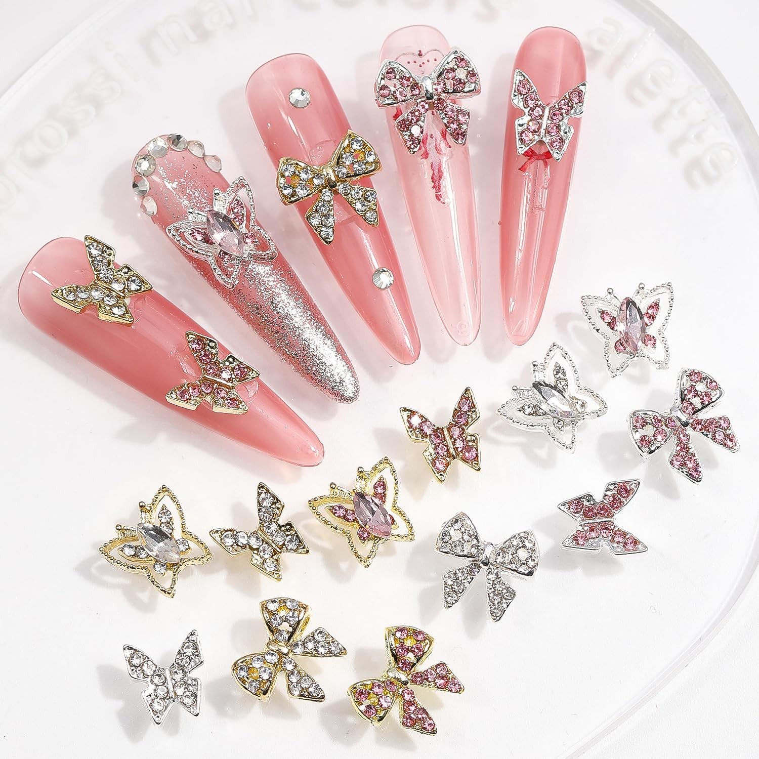 24PCS Y2K Nail Charms: 3D Heart Bow Butterfly Rhinestones