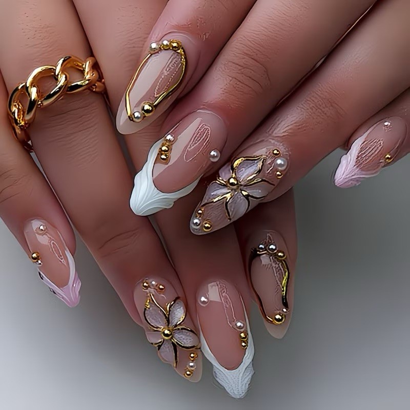 Long Almond 3D Flower French Press-On Nails Nude White Gold Pink Full Cover