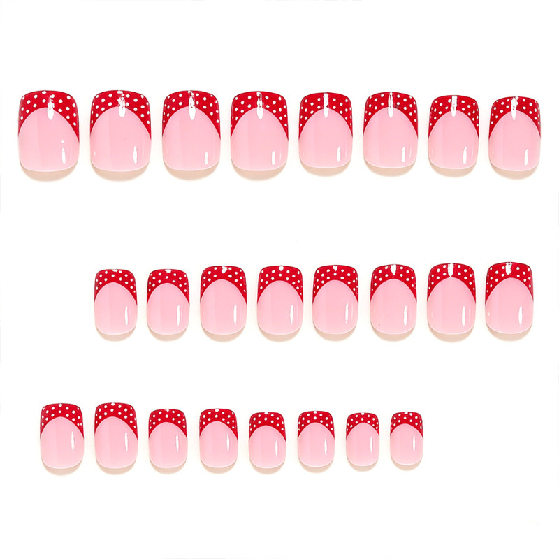 48pcs Short Square Press On Nails,Nude Base with Red French Tip & White Polka