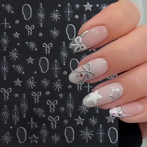 8 Sheets Star Nail Art Stickers Decals 3D Gold Silver Purple Laser Star Bow