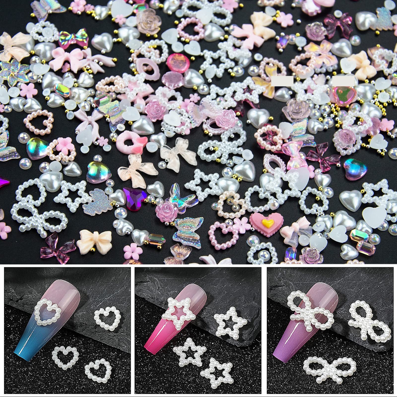 500Pcs Assorted Pearls 3D Nail Charms Pink Multi Shapes Heart Flower Bowknot