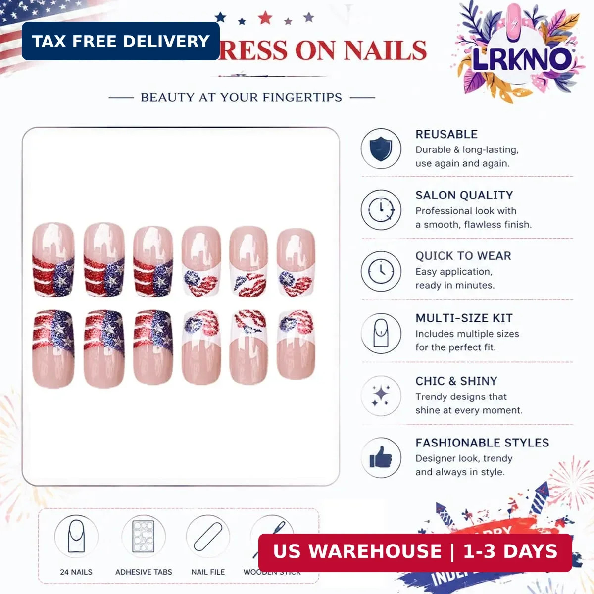 4th of July Press on Nails Medium Square French Tip Fake Nails Red White Blue Gl