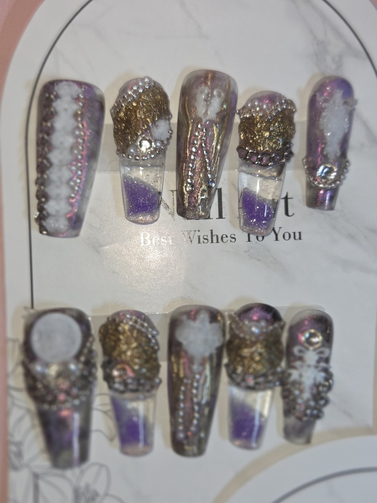 Press On Nails Handmade Medium Coffin Bundle Of 3 Purple blue Aqua water nail