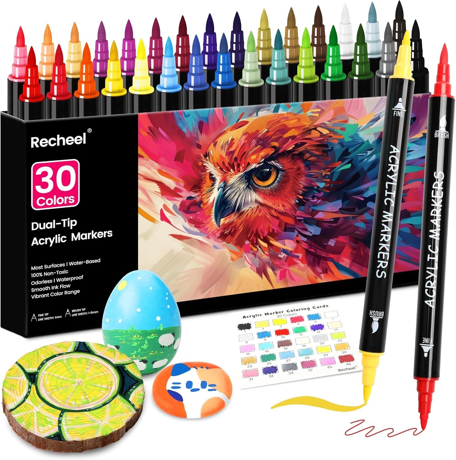 30 Colors Acrylic Paint Markers, Dual Tip Fine and Brush Tips for Detailed Art