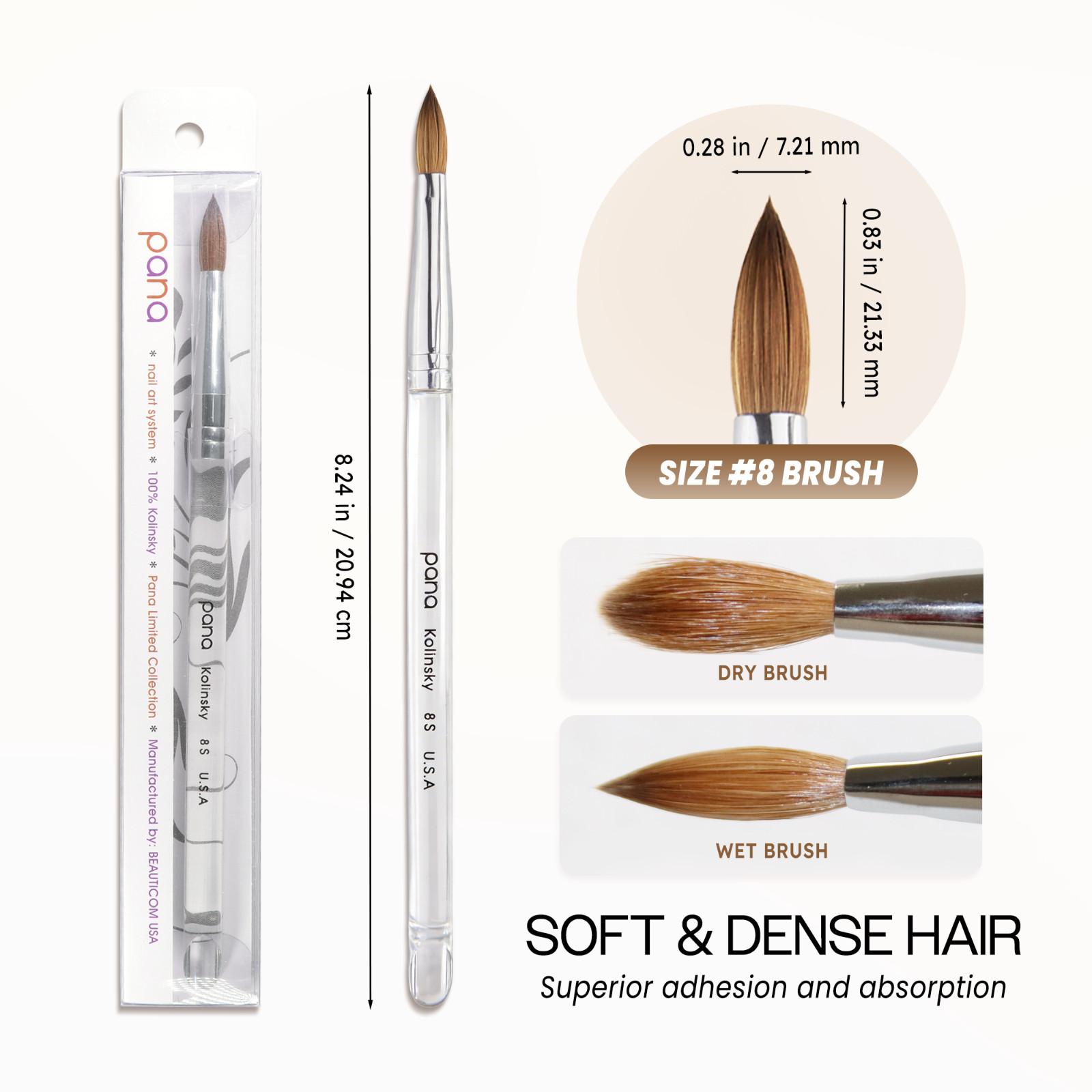 PANA Finest 100% Pure Kolinsky Nail Art Brush with Oval Acrylic Handle Size 8