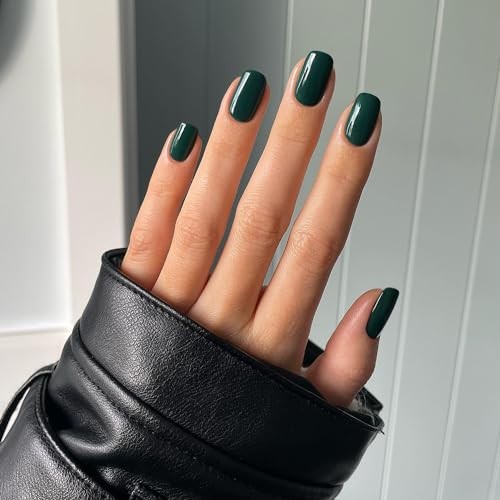 Dark Green Nails Press ons, Press on Nails Medium Square Glue on glossy green
