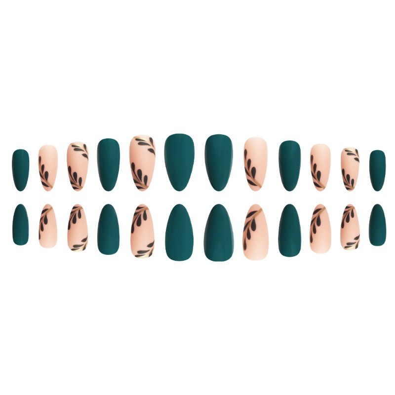 48pcs-Dark Teal Press on Nails, Medium Almond Nude Gold Leaf Accent False Nails