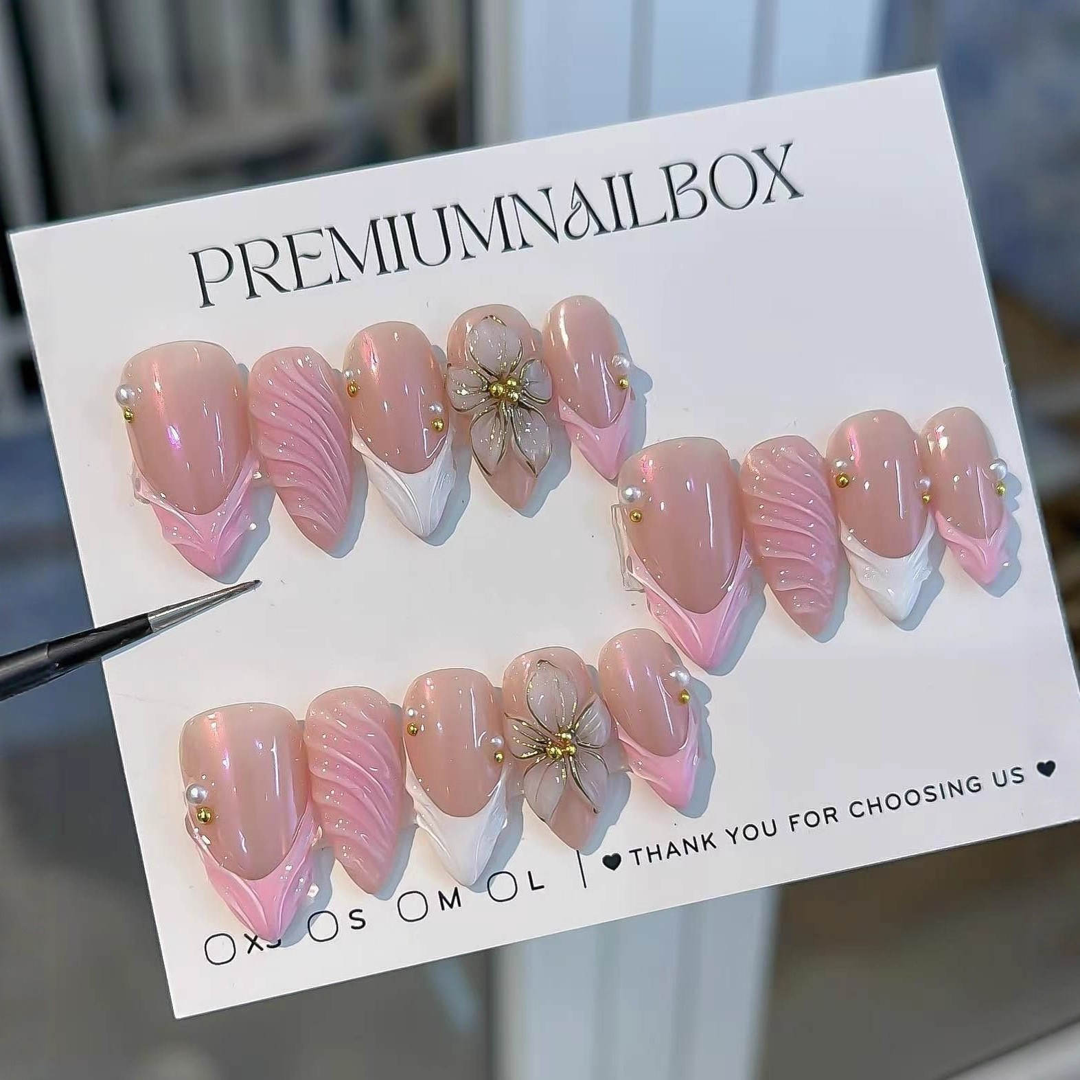 Pink White 3D Floral Almond Press On Nails | Gold Studded False Nails