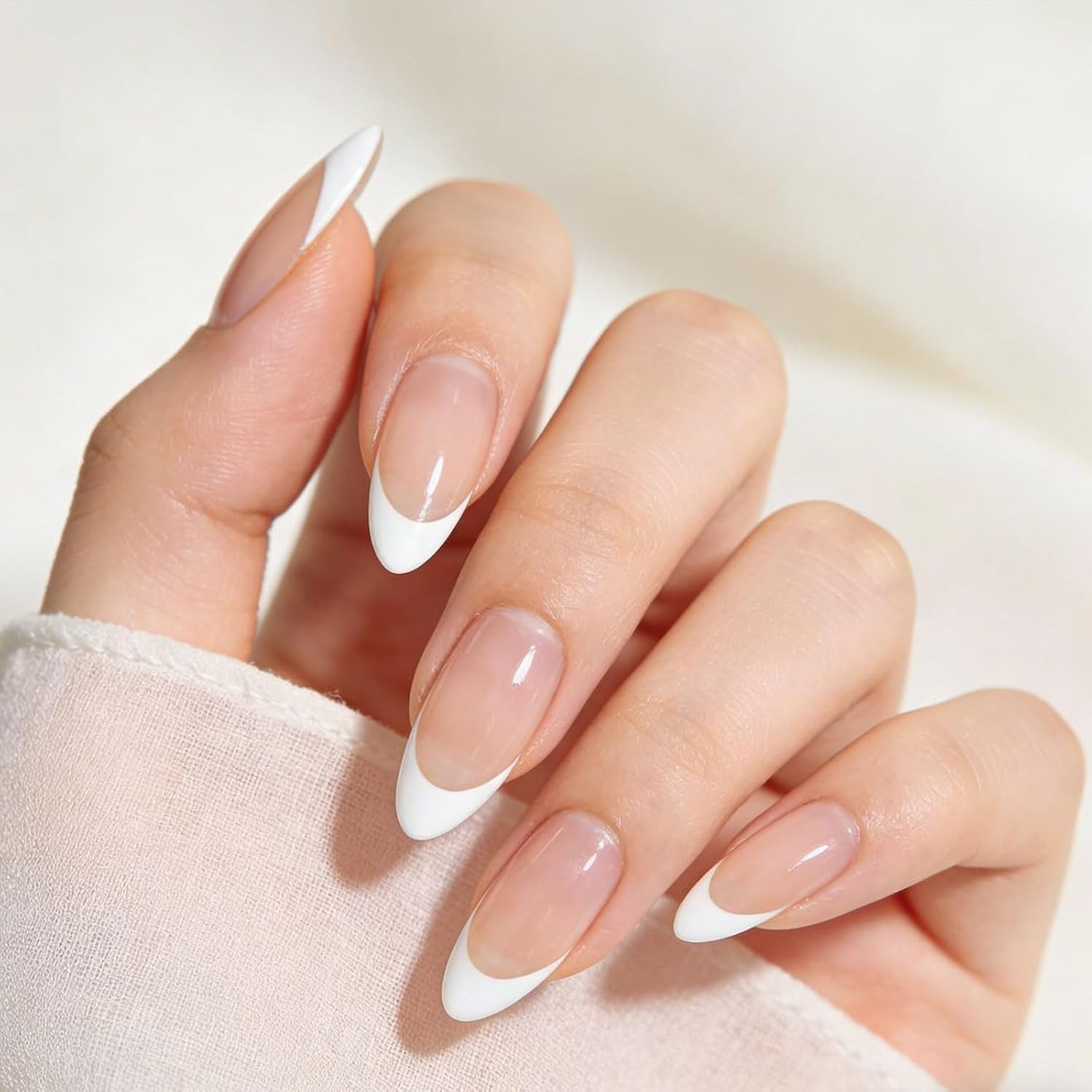 French Tip Press On Nails – Medium Pointed Almond Shape, 15 Sizes 30 Pcs Soft Ge