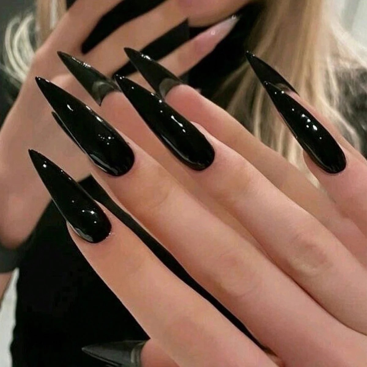 24PCS Extra Long Stiletto French Black Press On Nails Full Cover Fake Nails