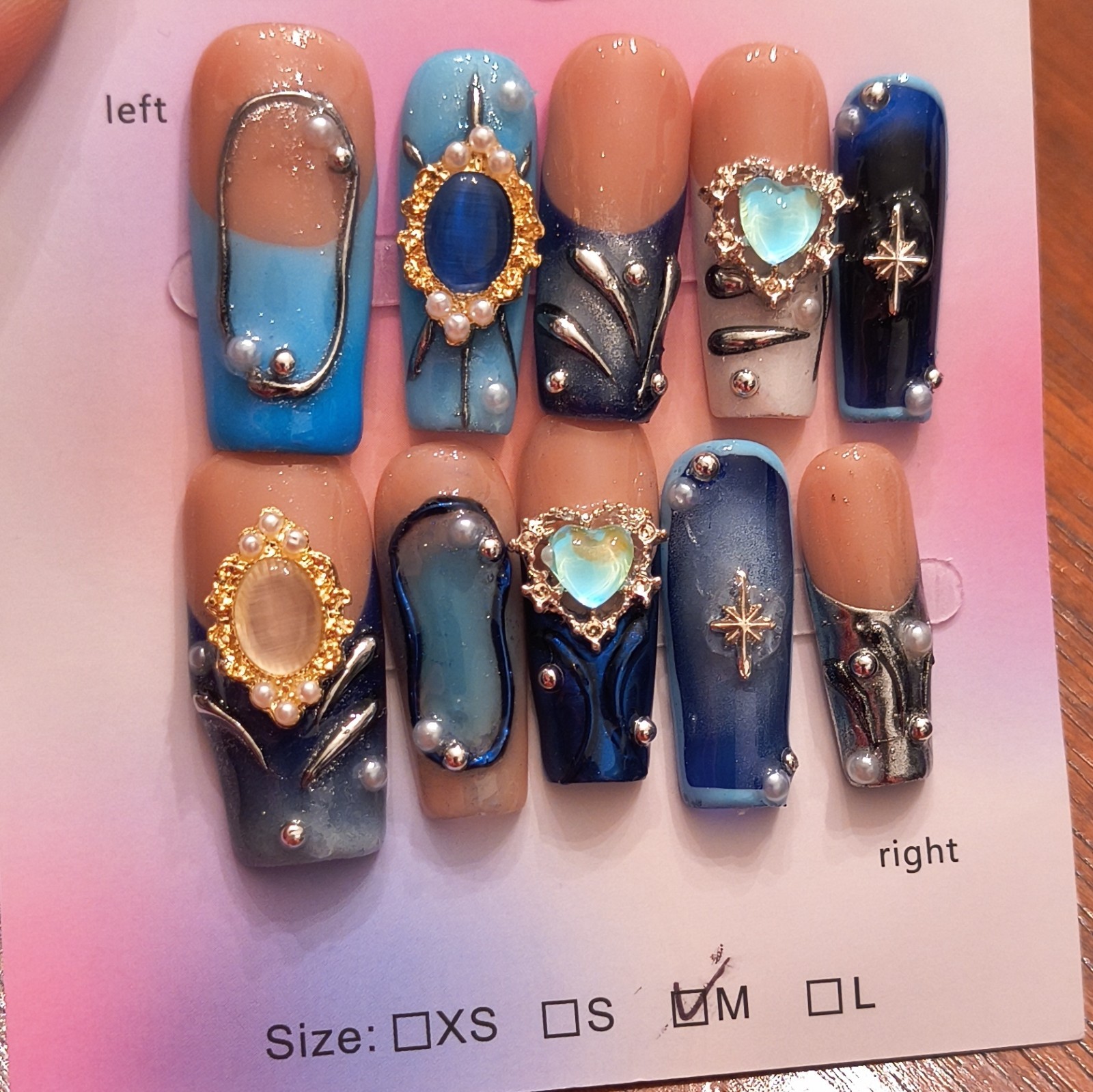 Press-On Nails Medium Coffin Blue Nude Silver 3D Rhinestone Heart Full Cover