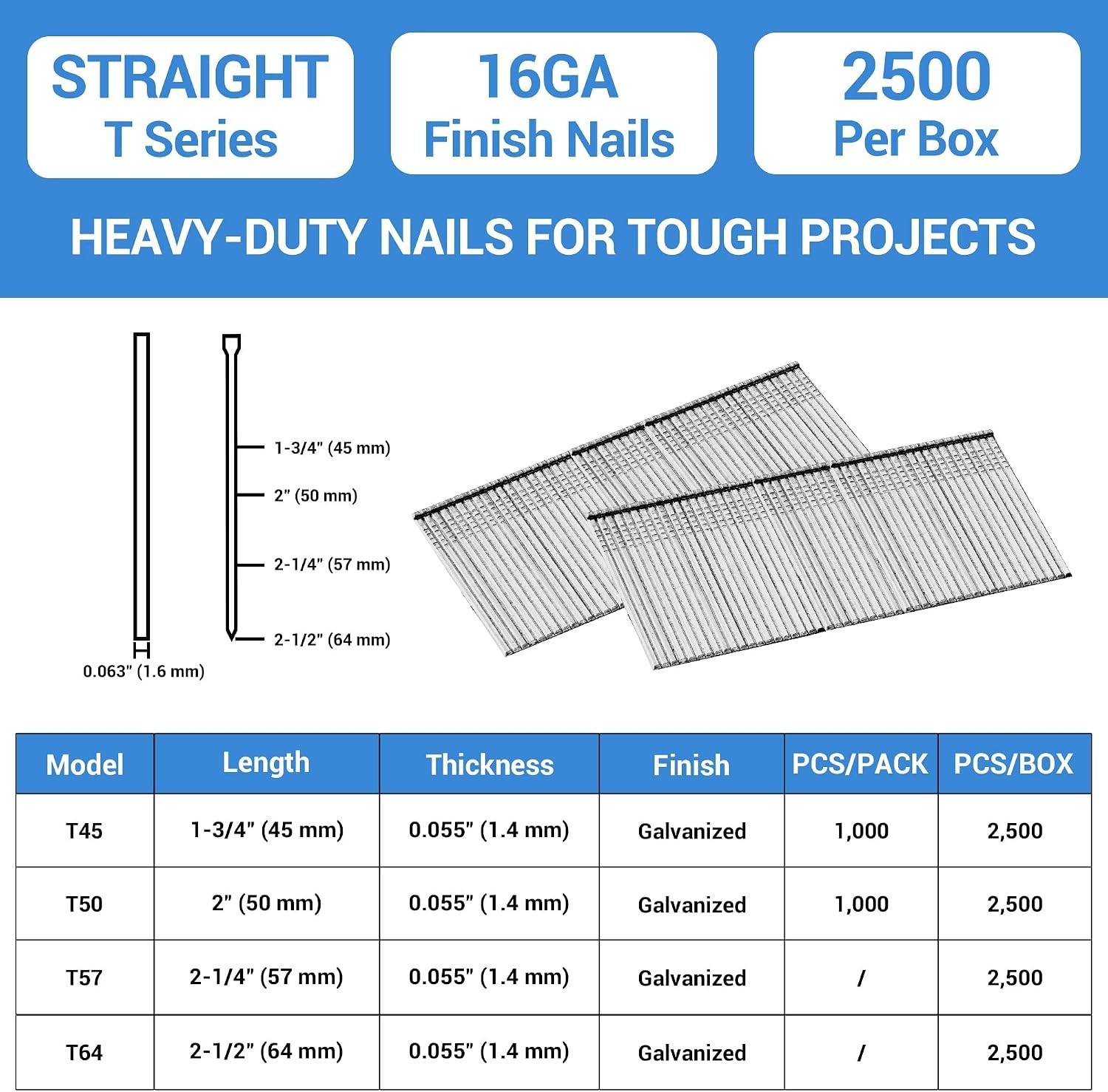 16GA Galvanized Finish Nails – 2-1/4 Inch, Smooth Shank, 2500 PCS, Clean Finish