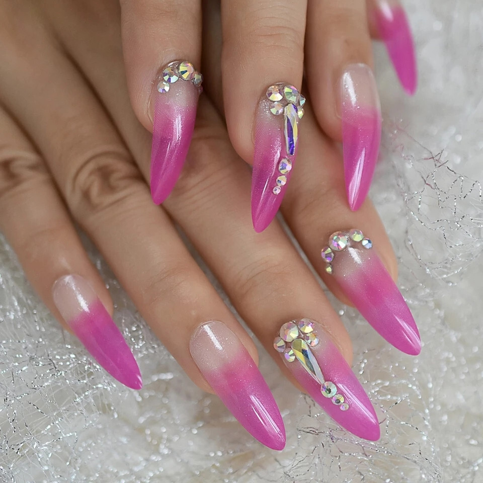 24 Press on nails Kit w Glue Long stiletto ombre fuchsia pink gems india wedding