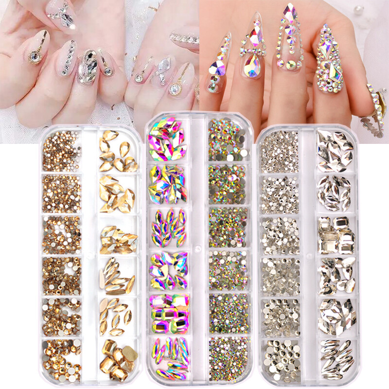 12Box/Set Mix SHAPE Crystal Rhinestone Diamond NON hotfix Nail Art Decoration