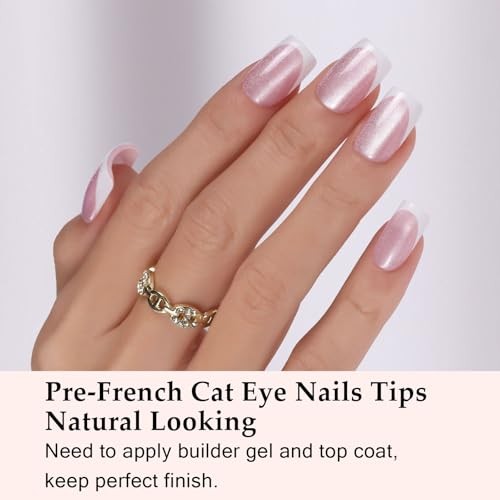 Cat Eye Press On Nails,160Pcs Pink Glitter Short Almond French Pink Eye Cat
