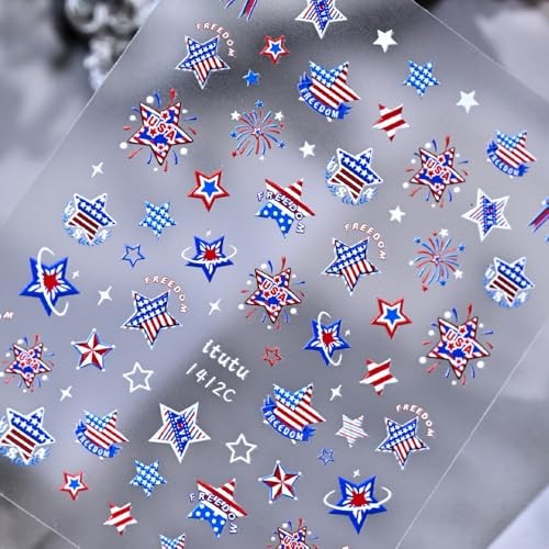 4th of July Nail Stickers 5D Embossed Star Decals Red White Blue Pattern27
