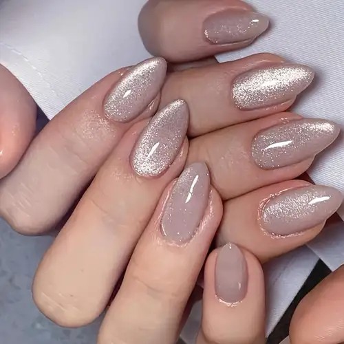 Beige Glitter Almond Press-On Nails, Medium Full Cover, Pre-Designed Set