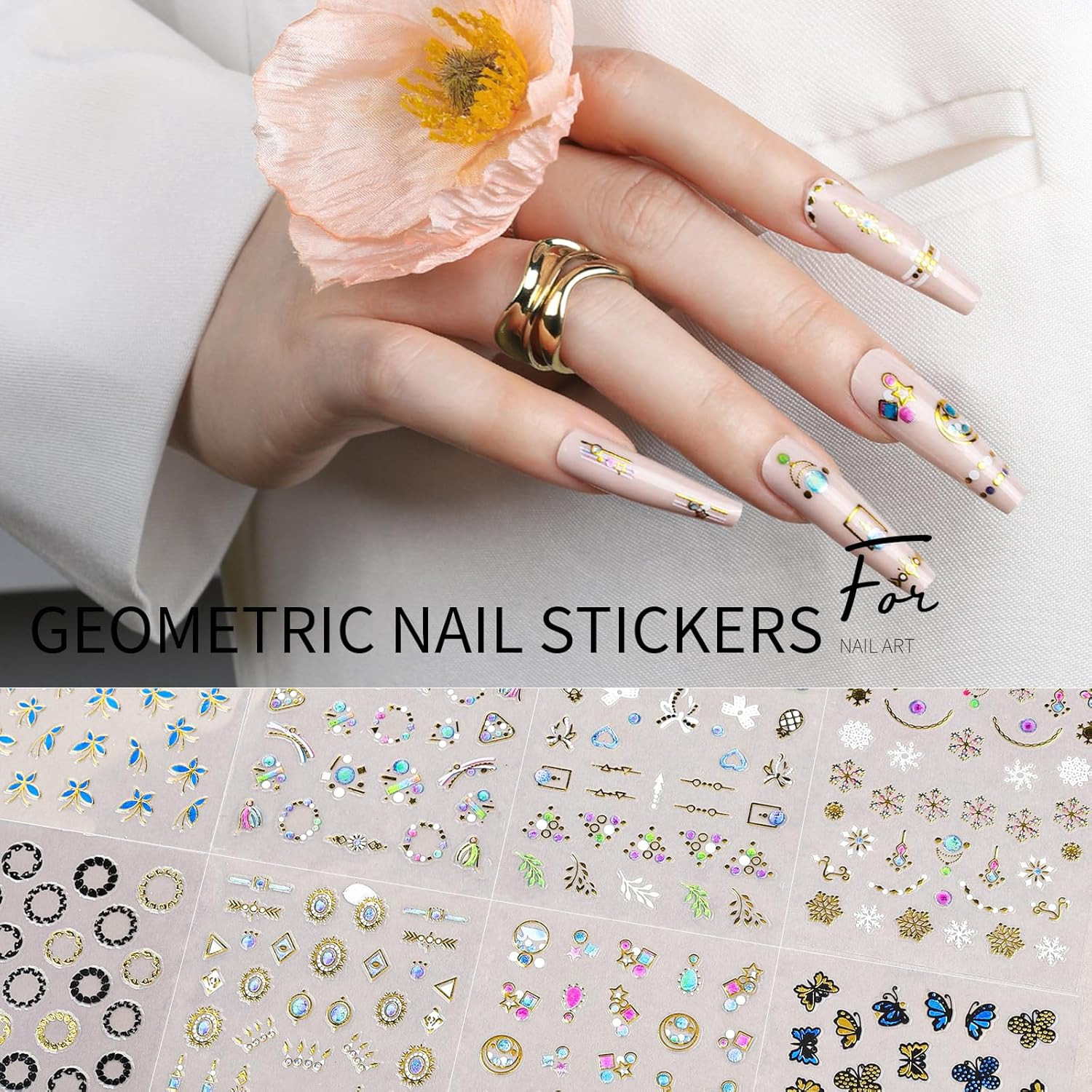 50 Sheets Nail Stickers for Nail Art, Flower Nail Art Stickers Gold Floral Nail