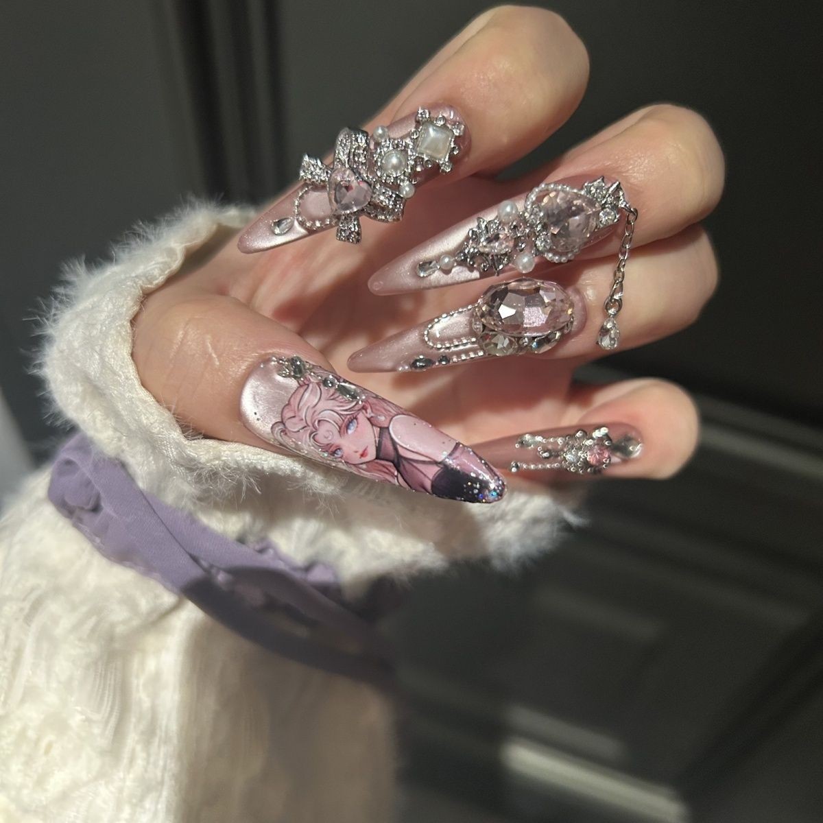 Handmade Cat Eye Rose Nails Dark Cool Sparkle Y2K Press On Nails