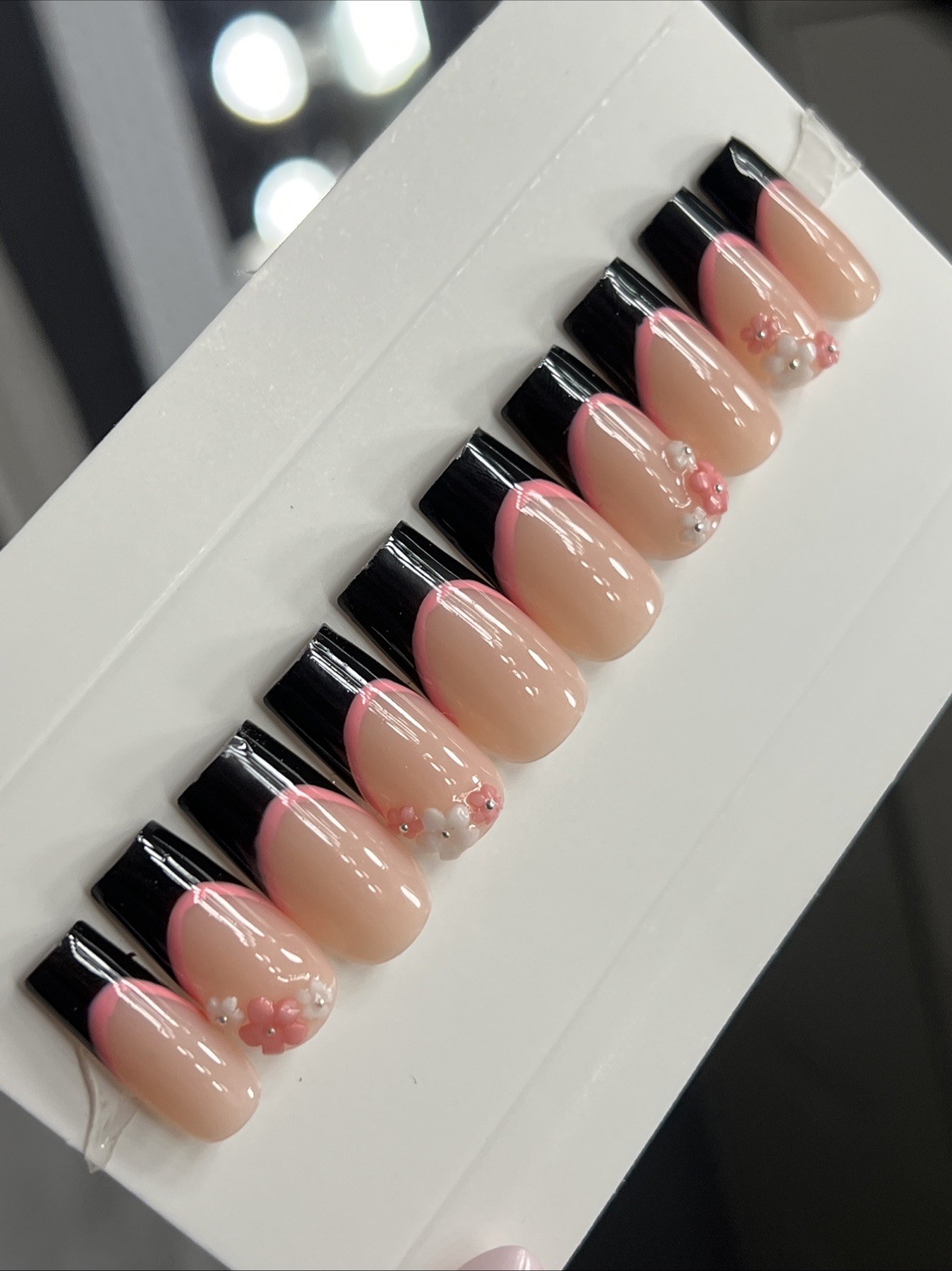 🌸 CUSTOM Press On Nails FRENCH BLACK Flower PINK 10p SET W Kit