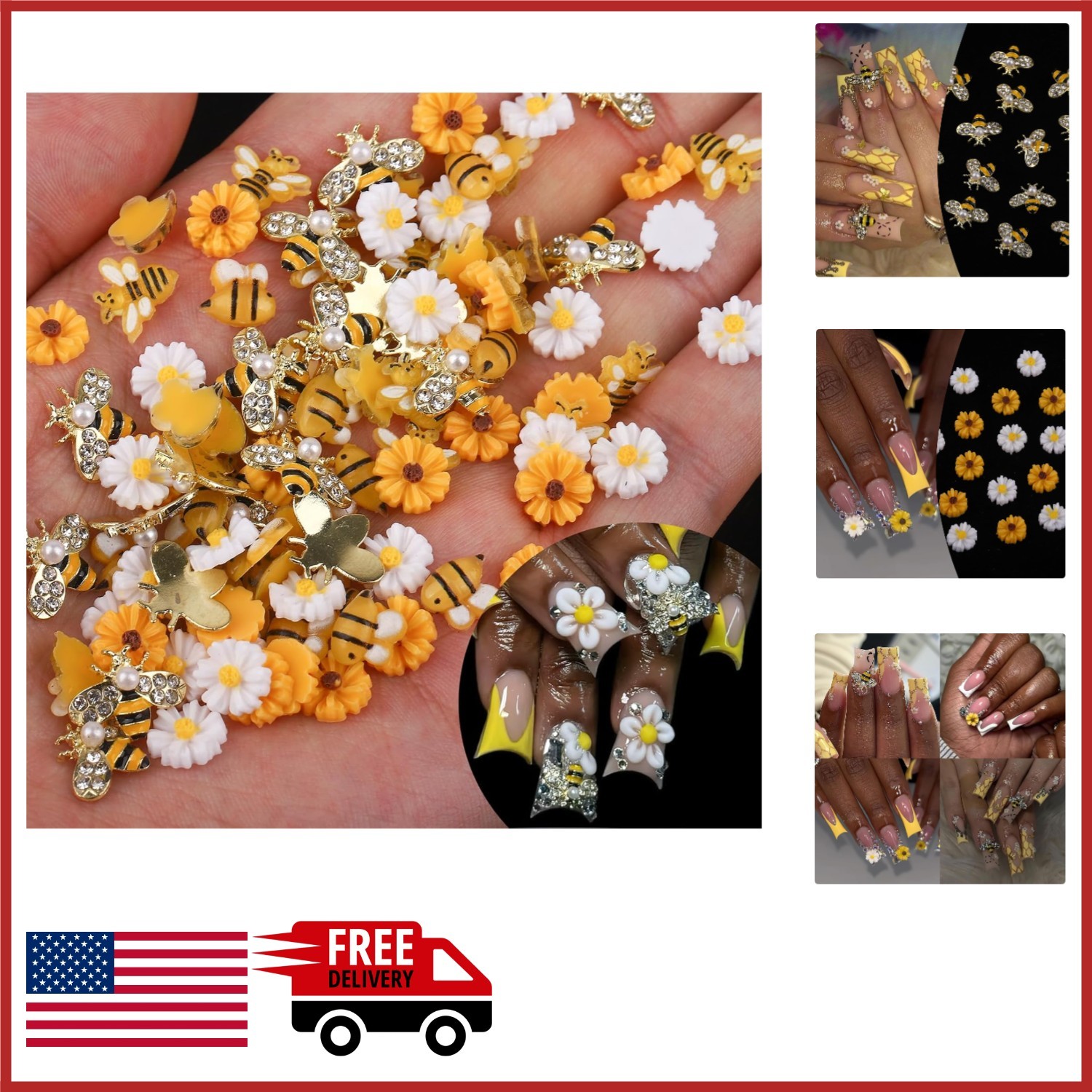 Cute Cartoon Bee Nail Charms 60Pcs Resin Daisy Flower Rhinestones for Nails