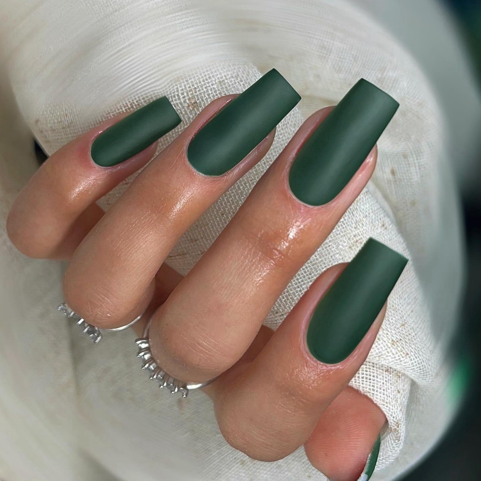 Matte Dark Green Press On Nails Medium Long Square, Medium Coffin Nails Acryl…