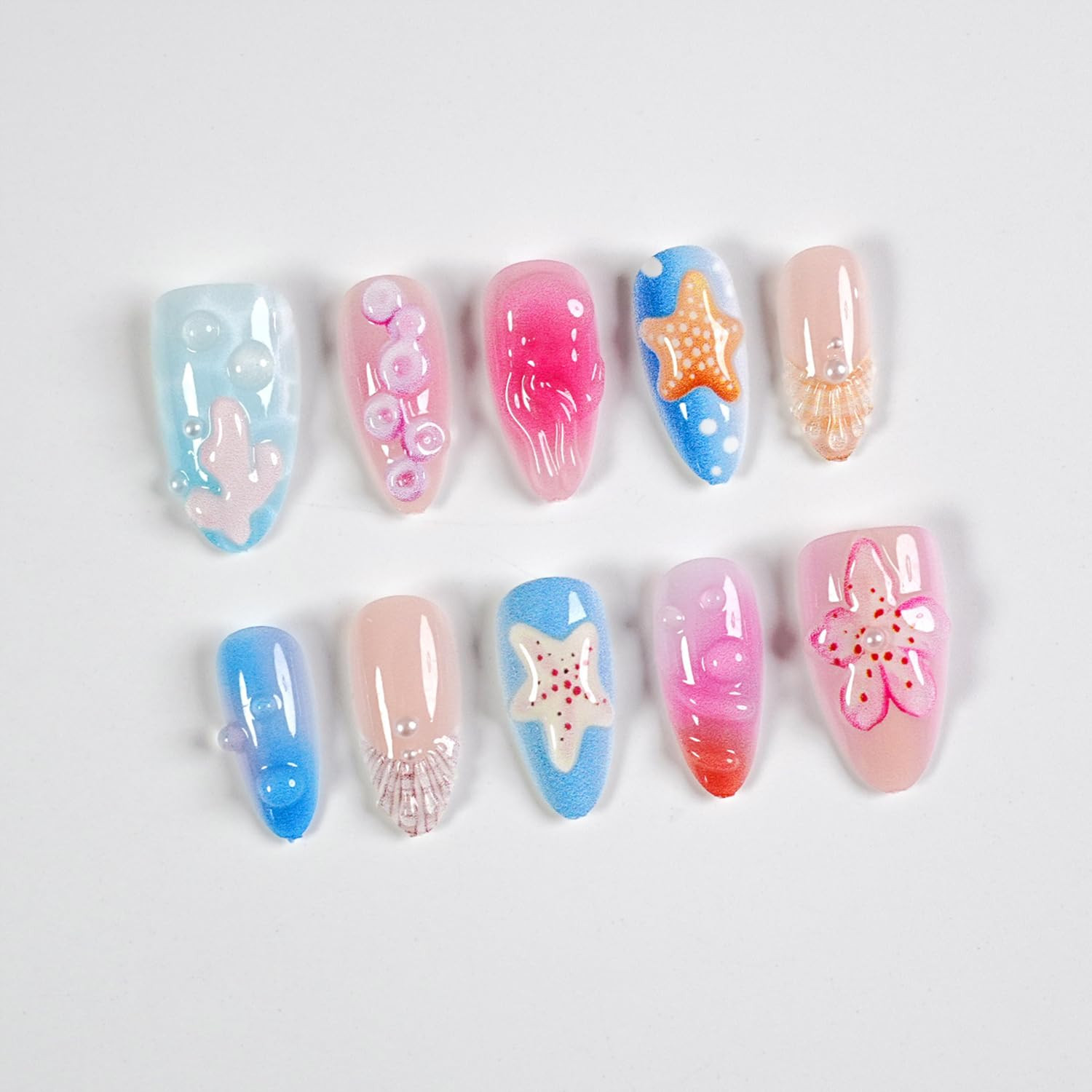30Pcs Summer Press on Nails Medium Almond Fake Nails with 3D Floral Jellyfish St