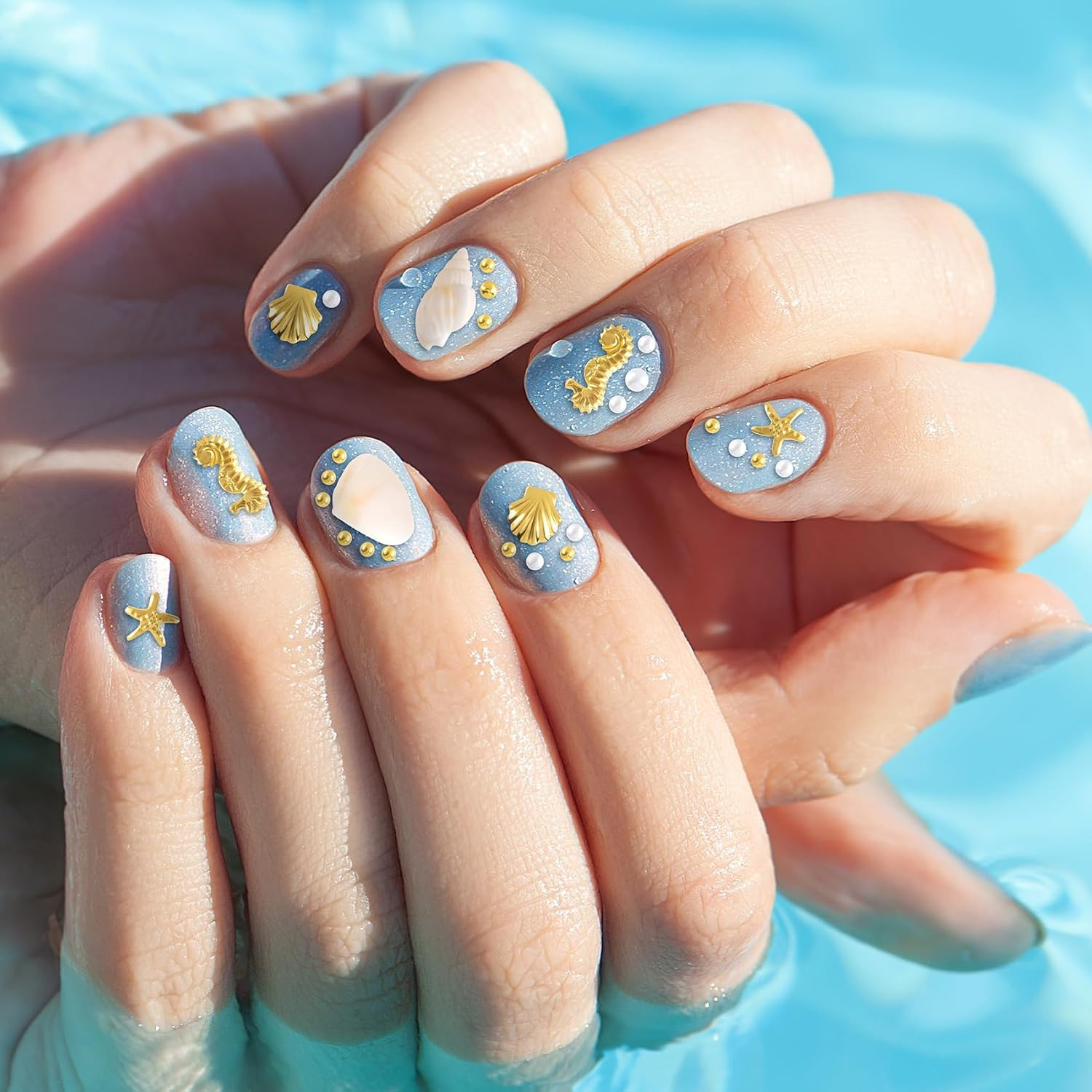 2 Boxes Ocean Beach Nail Art Charms, Gold 3D Starfish Seashell Nail Decoration G