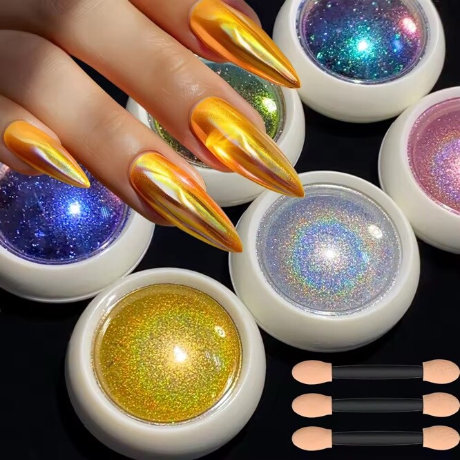 6pcs/Set Chameleon Laser Nail Mirror Chrome Powder Set Solid Rubbing Chrome Dust