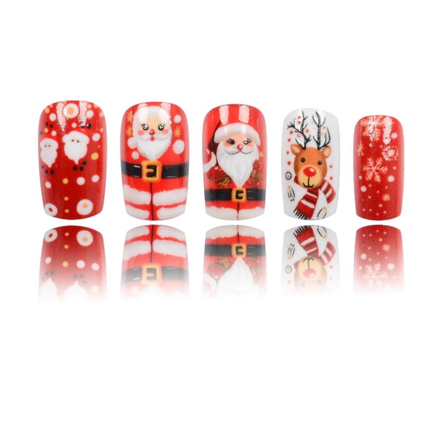 Festive Christmas Red Glossy Press-On Nails with Santa & Snowflake Designs