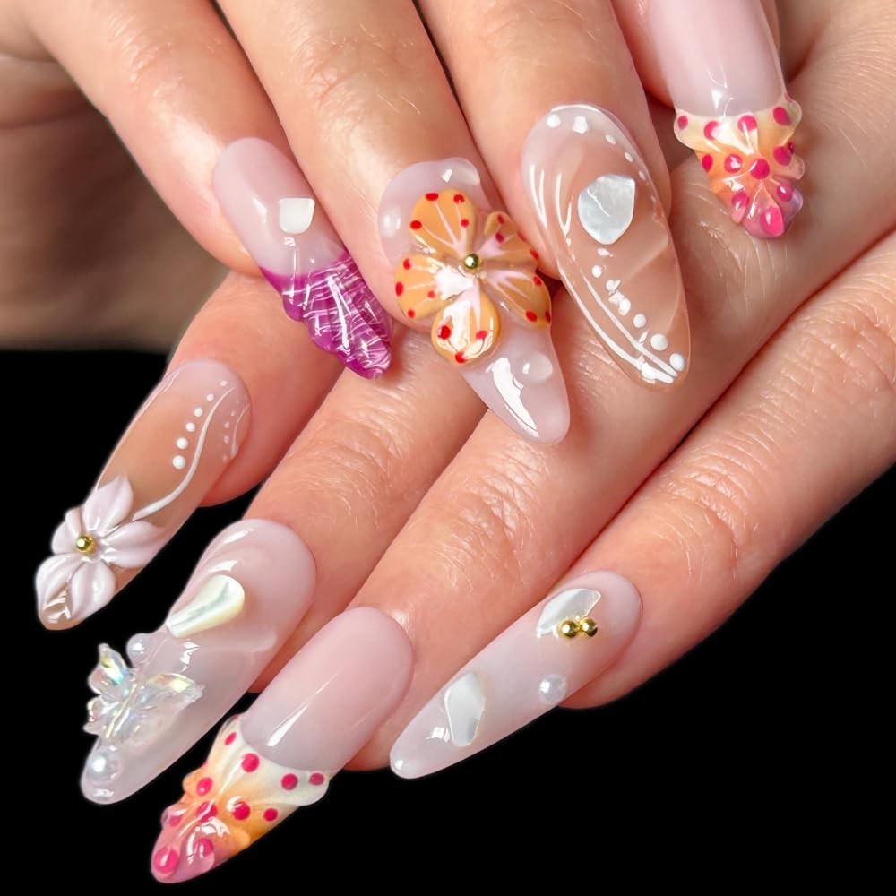 MAGLFELL Press on Nails – Handemade Long Almond Fake Nails, Unique 3D Glossy …
