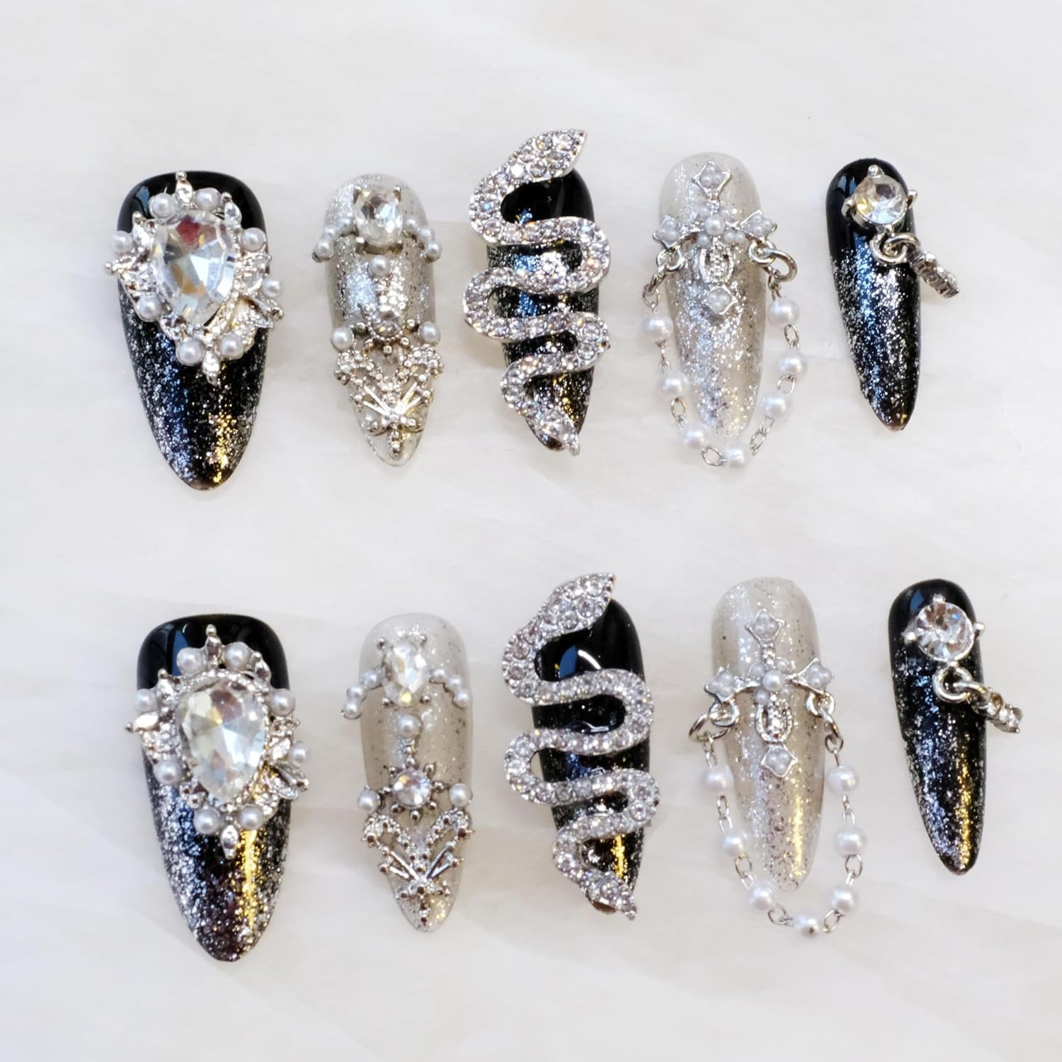 GLORS Luxury Long Almond Press-On Nails, Black/Silver Glitter, 10 Pcs