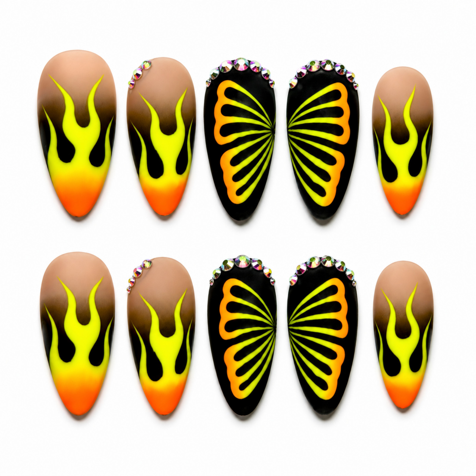 Handmade Neon Flame Butterfly Press On Nails Black Green Almond Set