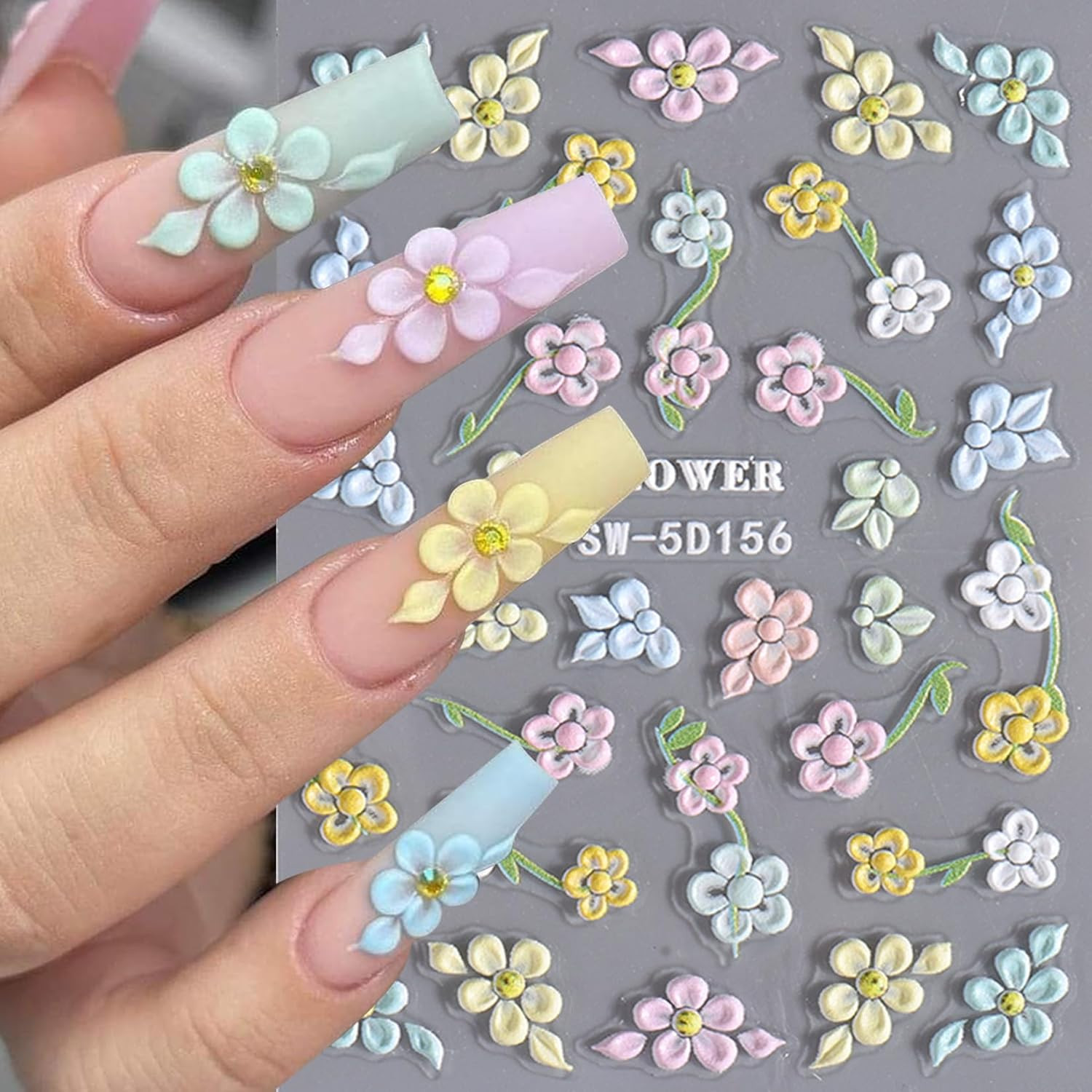 Flower Nail Art Stickers Decals 6PCS 5D Embossed Hibiscus Nail Stickers Self Adh