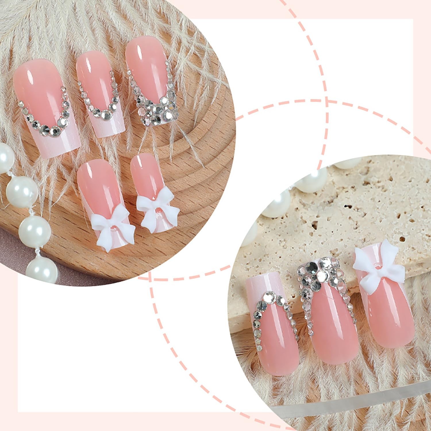 24Pcs White French Tip Press on Nails Long Coffin Fake Nails with 3D Bow Rhin…