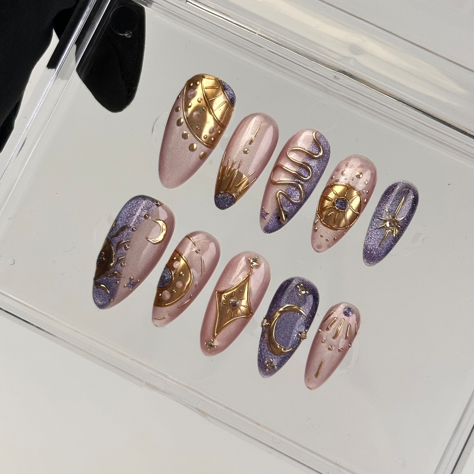 Press On Nails Medium Almond Purple Gold Celestial Moon Star Nail Art Glue Set