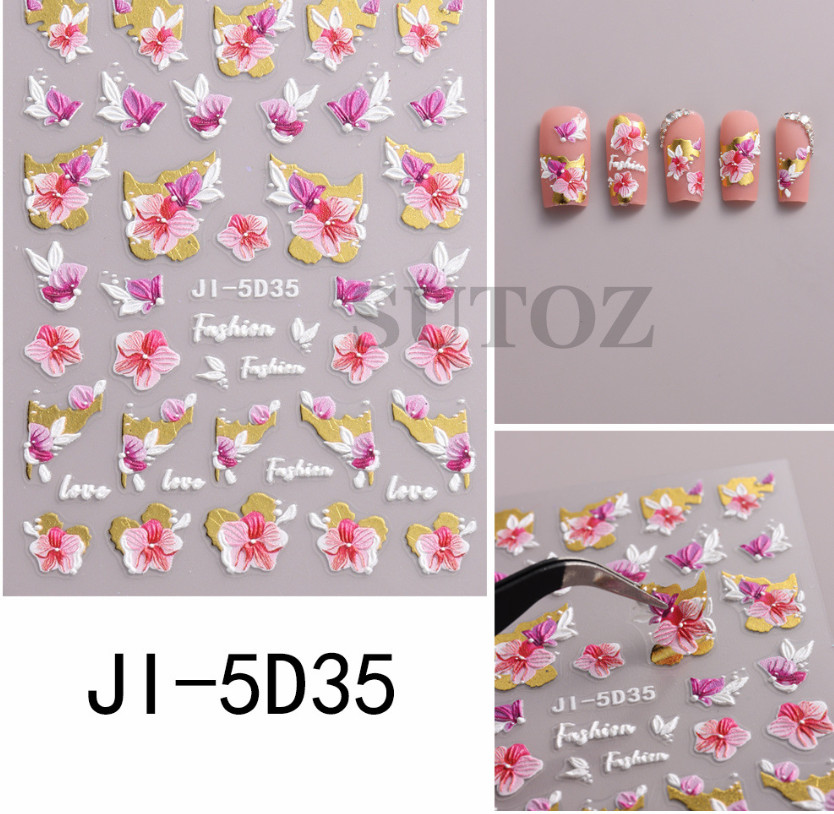 5D Embossed Blue Purple Butterfly Flower Cherry Love Nail Stickers Manicure NS54