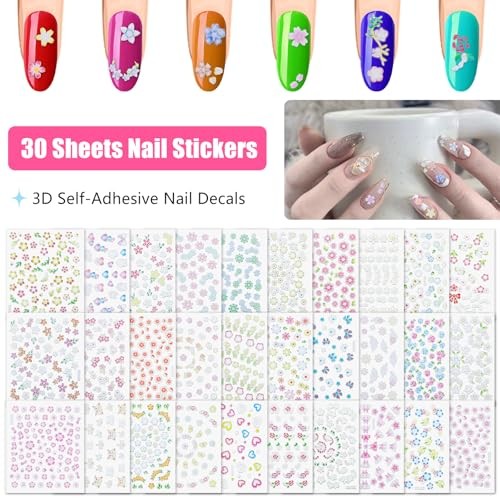 Flower Nail Art Stickers Decals, 30 Sheets Spring Floral Nail Decals Colorful