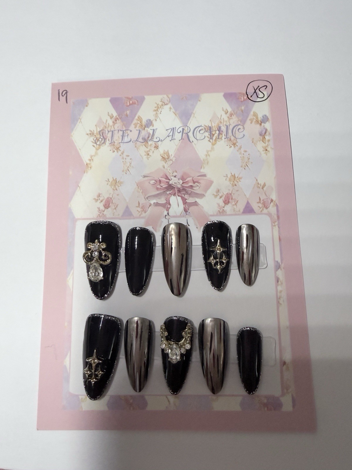 XS size Shiny Black & Silver Cross Extra Short Coffin hand made Press-On
