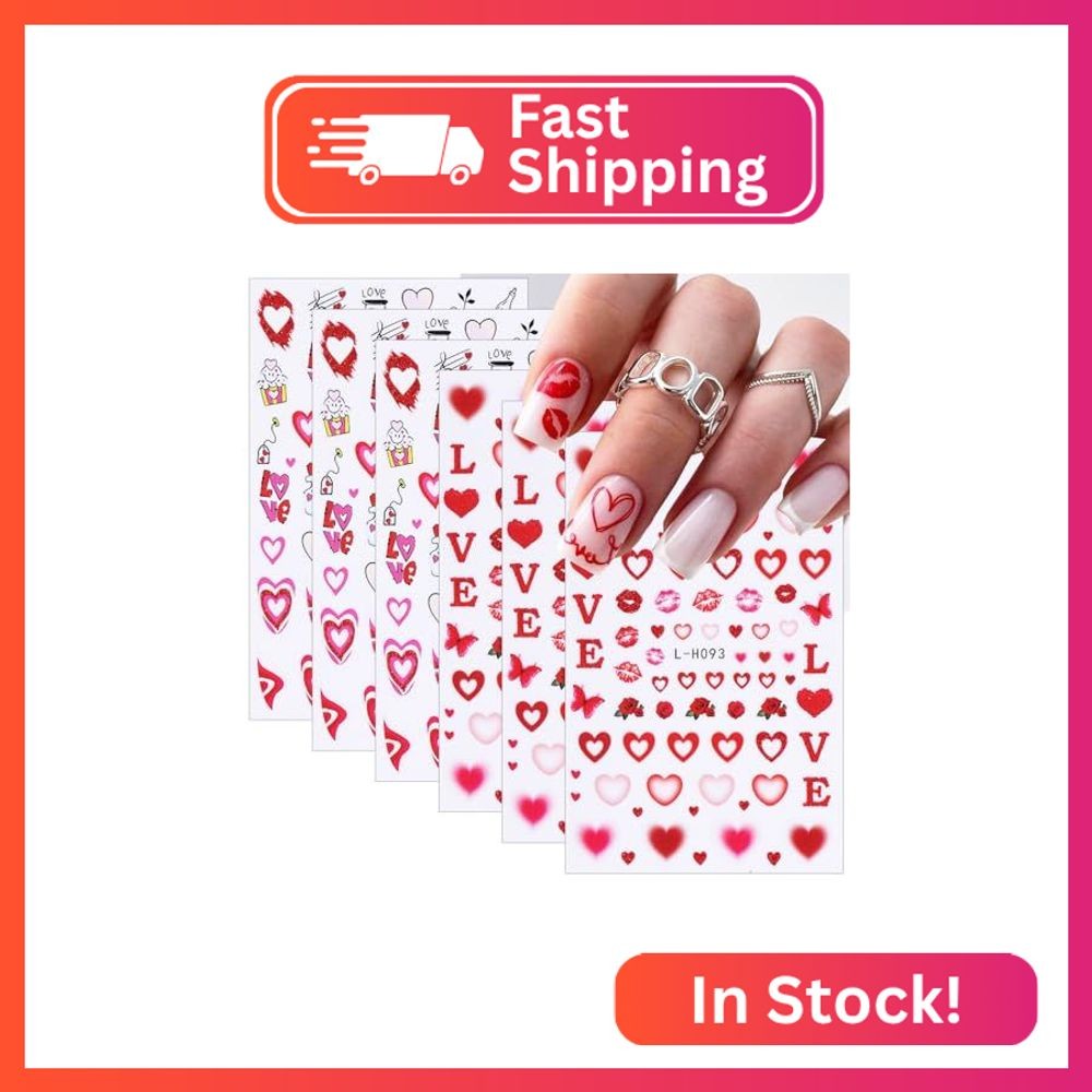 6 Sheets Red Heart Nail Stickers for Nail Art Valentines Nail Art Stickers 3D Se