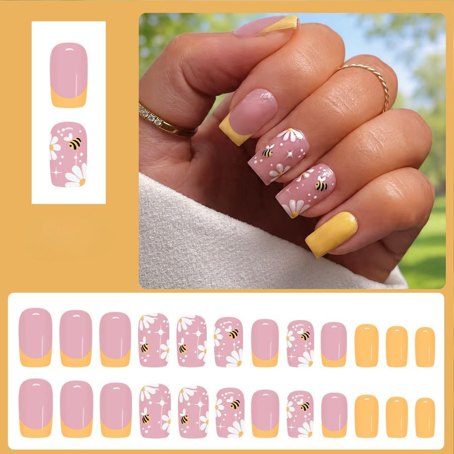Flower Press on Nails Medium Square Spring Fake Nails with Daisy Bees French …