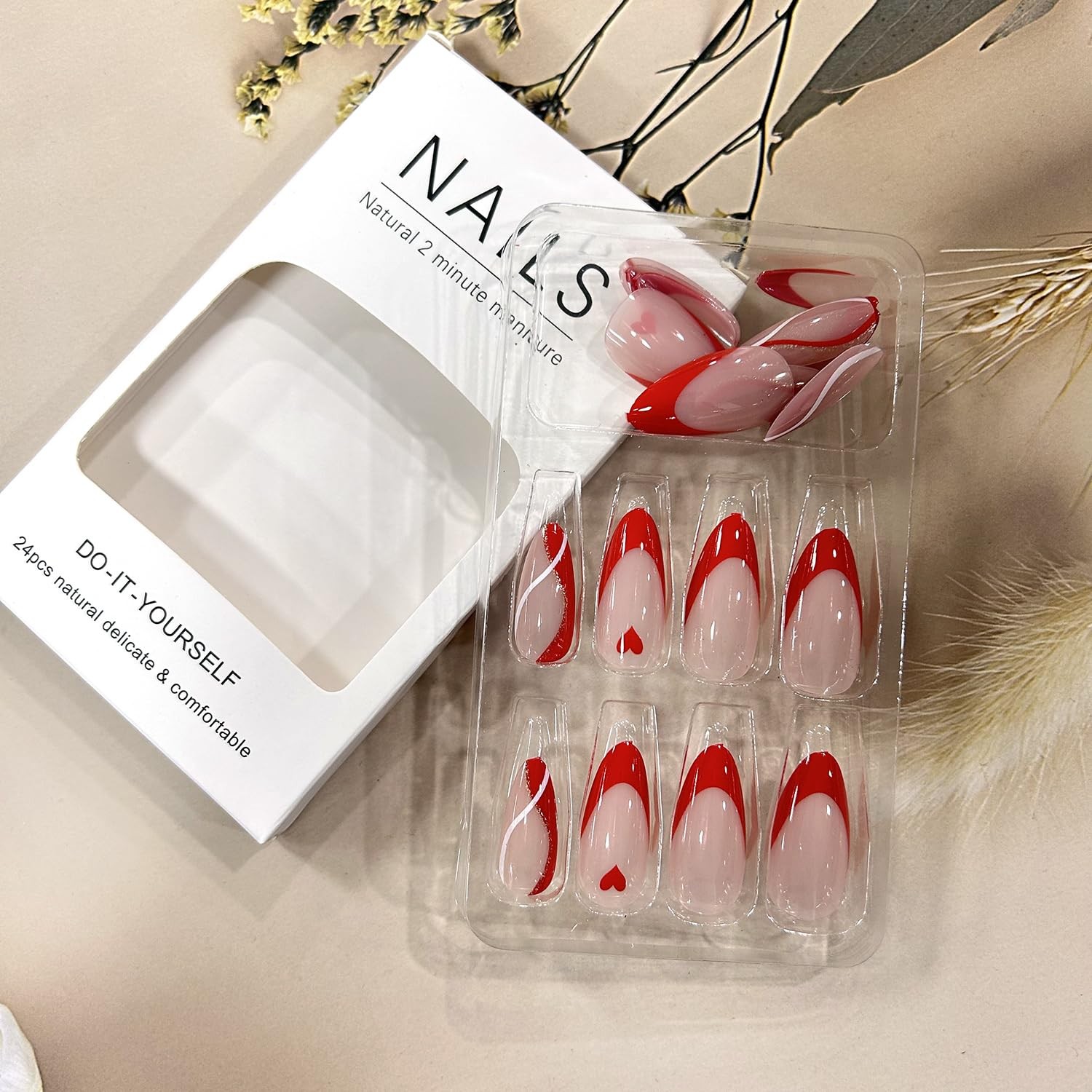 Red Love Heart Valentine’s Press on Nails Almond Medium Stripe Red French Fal…