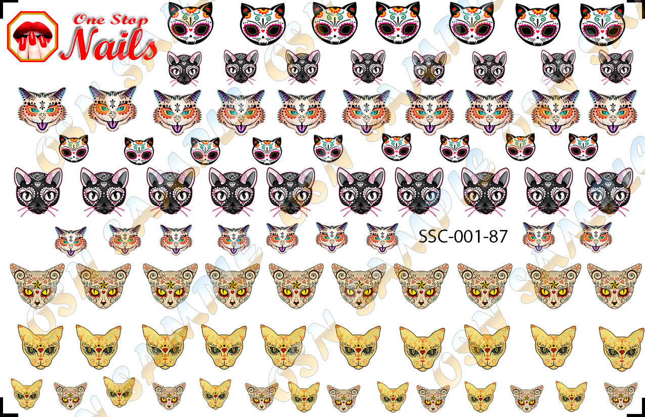 87 Sugar Skull Cats Nail Art Stickers Decals Tattoo, Dia de los Muertos SSC01-87