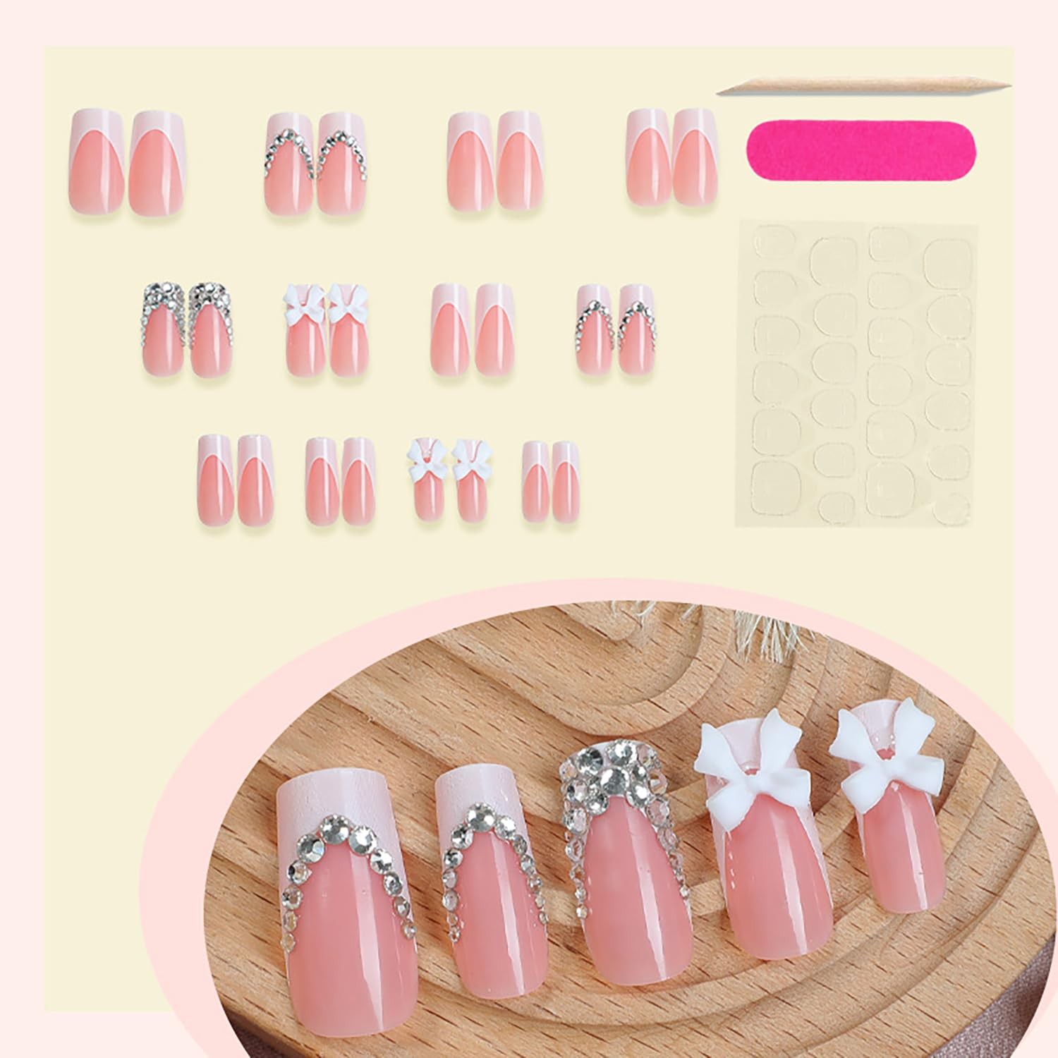 24Pcs White French Tip Press on Nails Long Coffin Fake Nails with 3D Bow Rhin…
